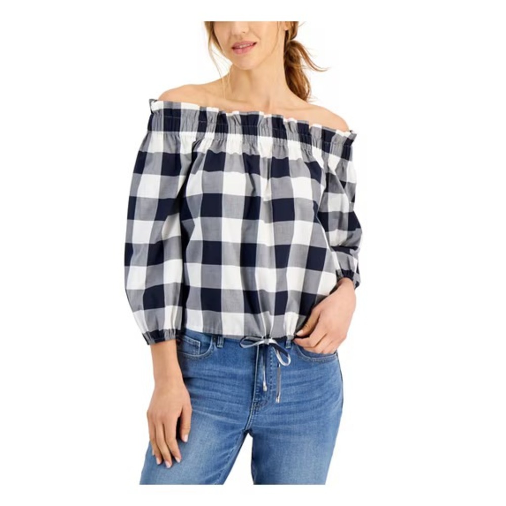 NWT Tommy Hilfiger Bloomsbury Navy Blue Gingham Off-The-Shoulder Blouse Size M